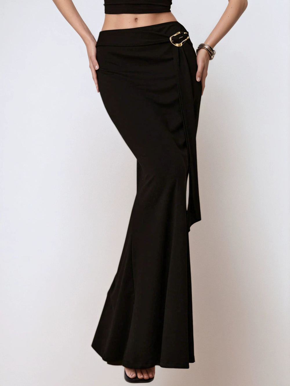 Zara Black Bodycon Fishtail Long Skirt Summer Designer Metal Trim Slim Fit